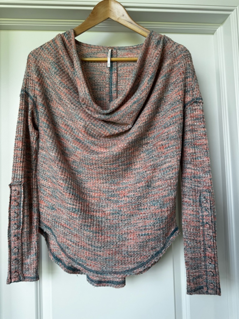 Free People Oversized Waffle Knit Cowl Neck Thermal Top XS Boho Slouchy